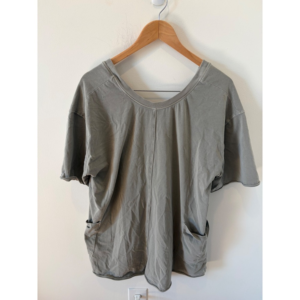 Free People FP Movement Oversized V-Neck Tee Sage Green Pockets Medium